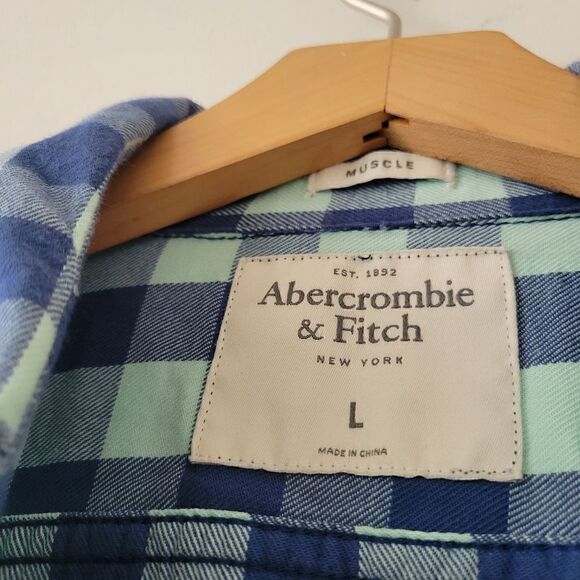 Abercrombie & Fitch Blue Gingham Muscle Button Down Flannel Shirt L - Picture 8 of 9